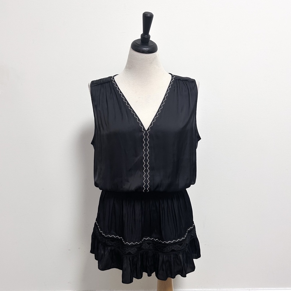 Ramy Brook Black Satin Silver Studded Sleeveless V Neck Devon Blouson Mini Dress